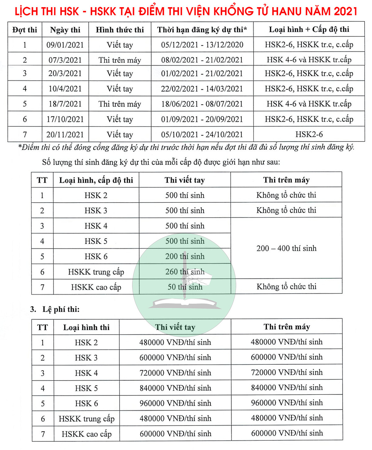 Lịch thi hsk mới nhất cập nhật liên tục 1